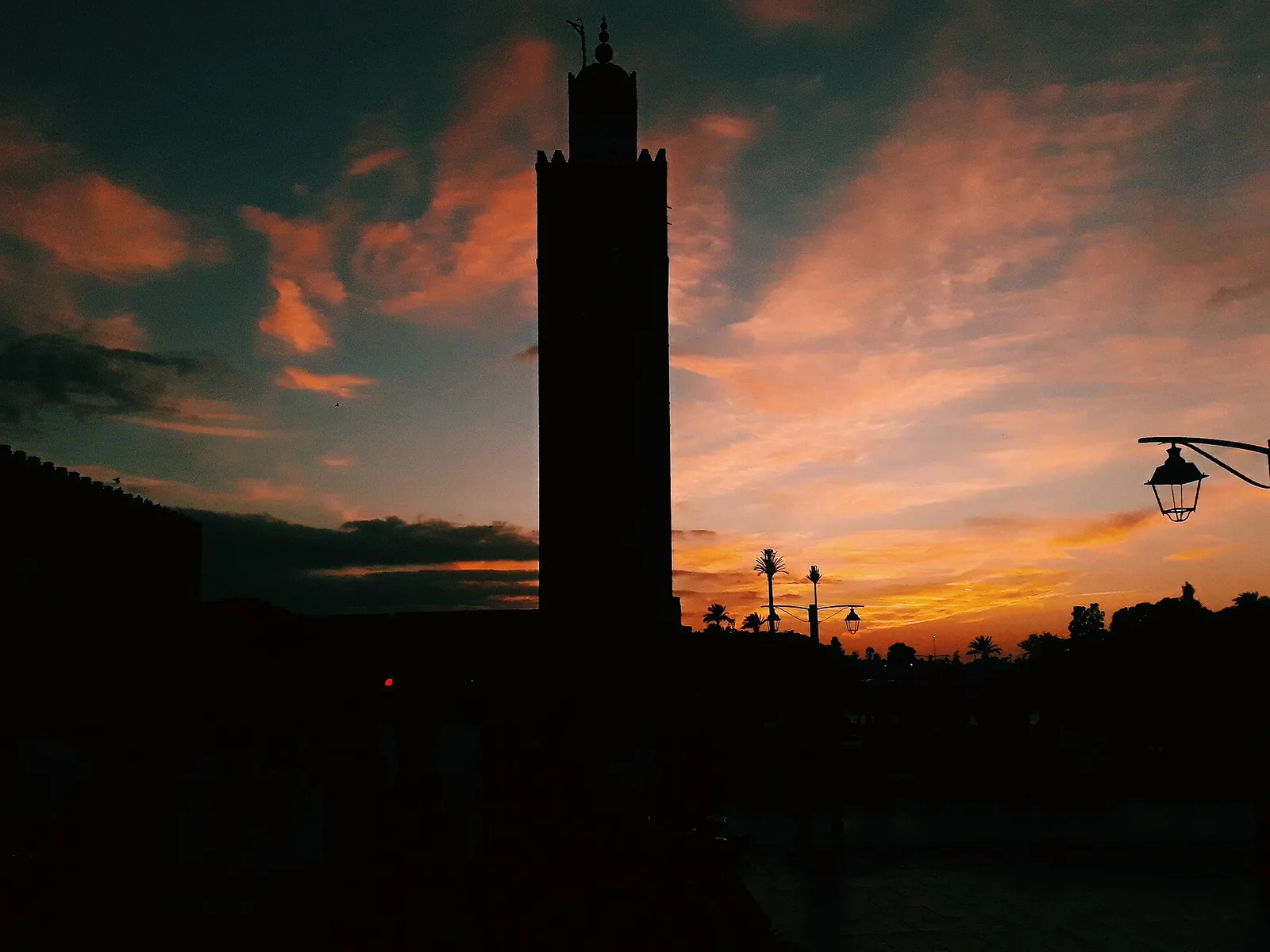 Marrakech skyline and Koutoubia Mosque at sunset