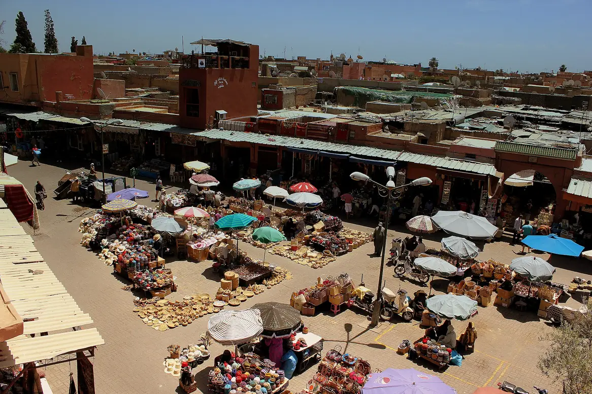 Market stalls on an open square in the Marrakech Medina