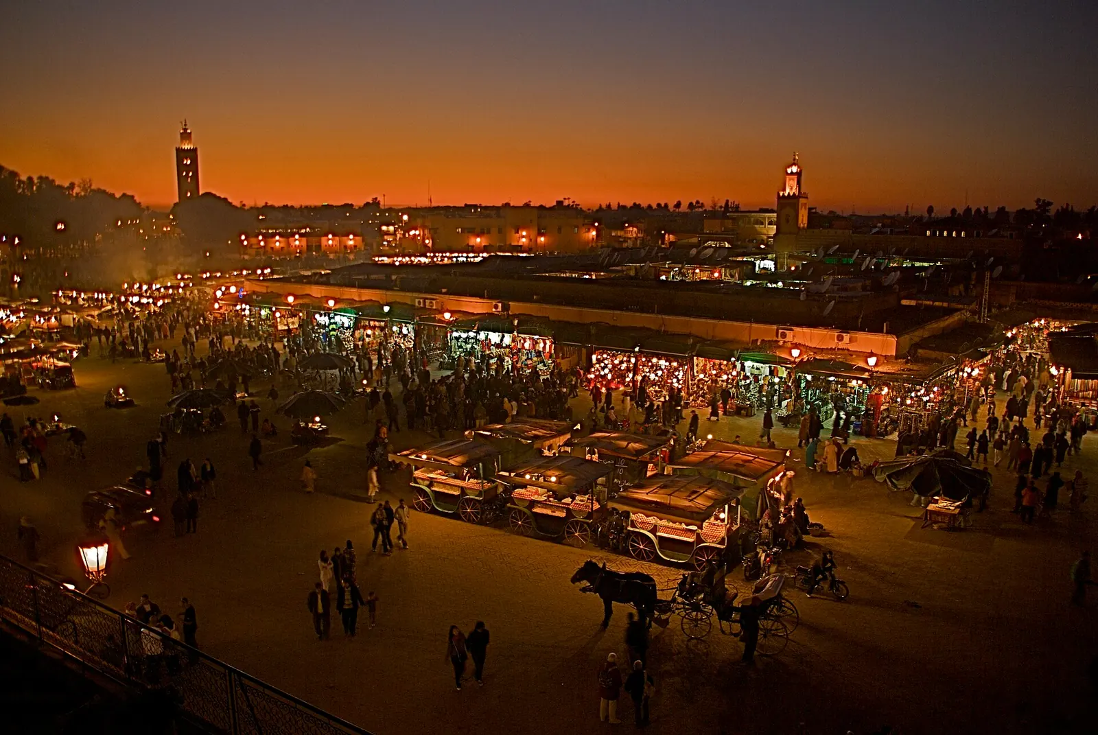Jemaa el-Fna square in Marrakech in the evening, lit by food stalls
