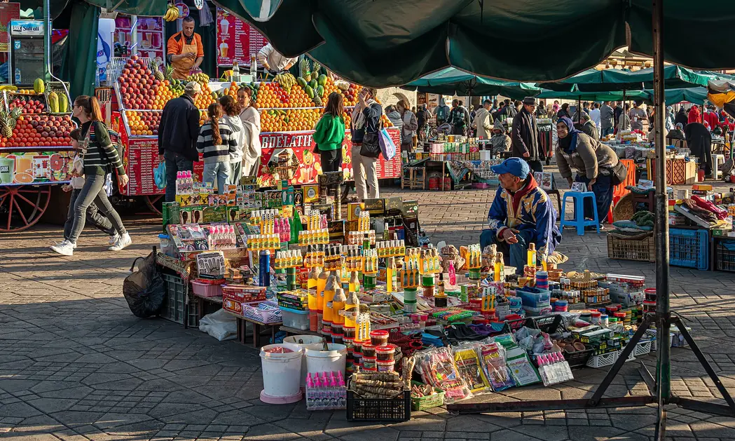 Colourful goods for sale at a stall on Jemaa el-Fna