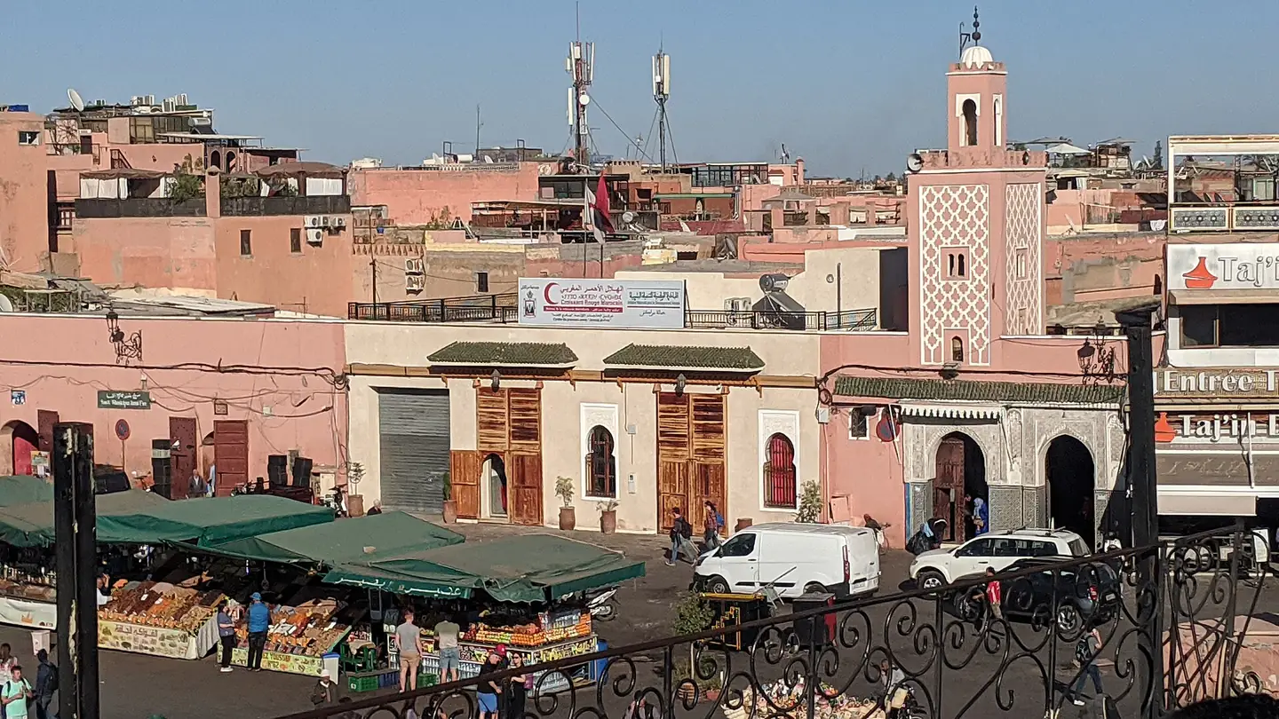 Buildings and a minaret on the edge of Jemaa el-Fna square