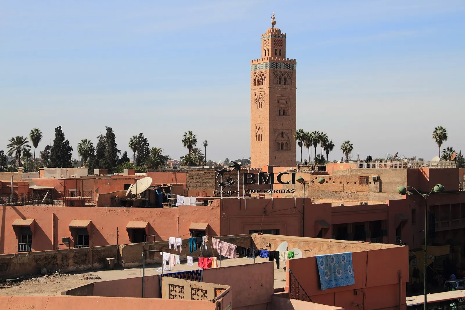 The Koutoubia minaret rising above buildings in Marrakech
