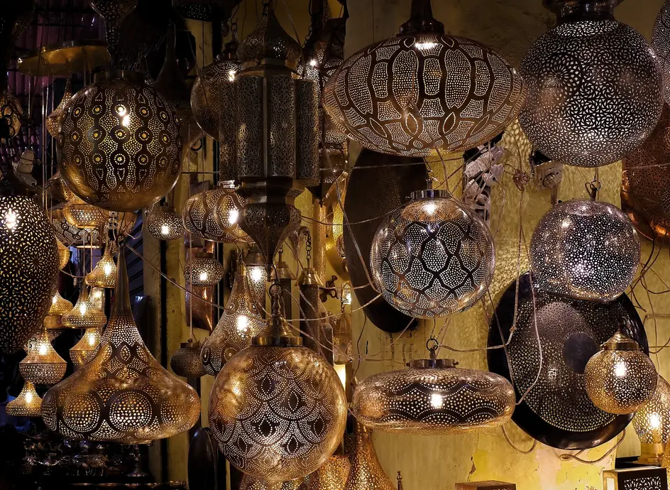 Metal lanterns hanging in Souk Haddadine in the Marrakech souks