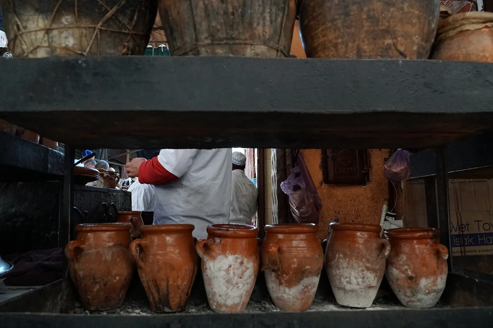 Clay tangia pots lined up in Marrakech