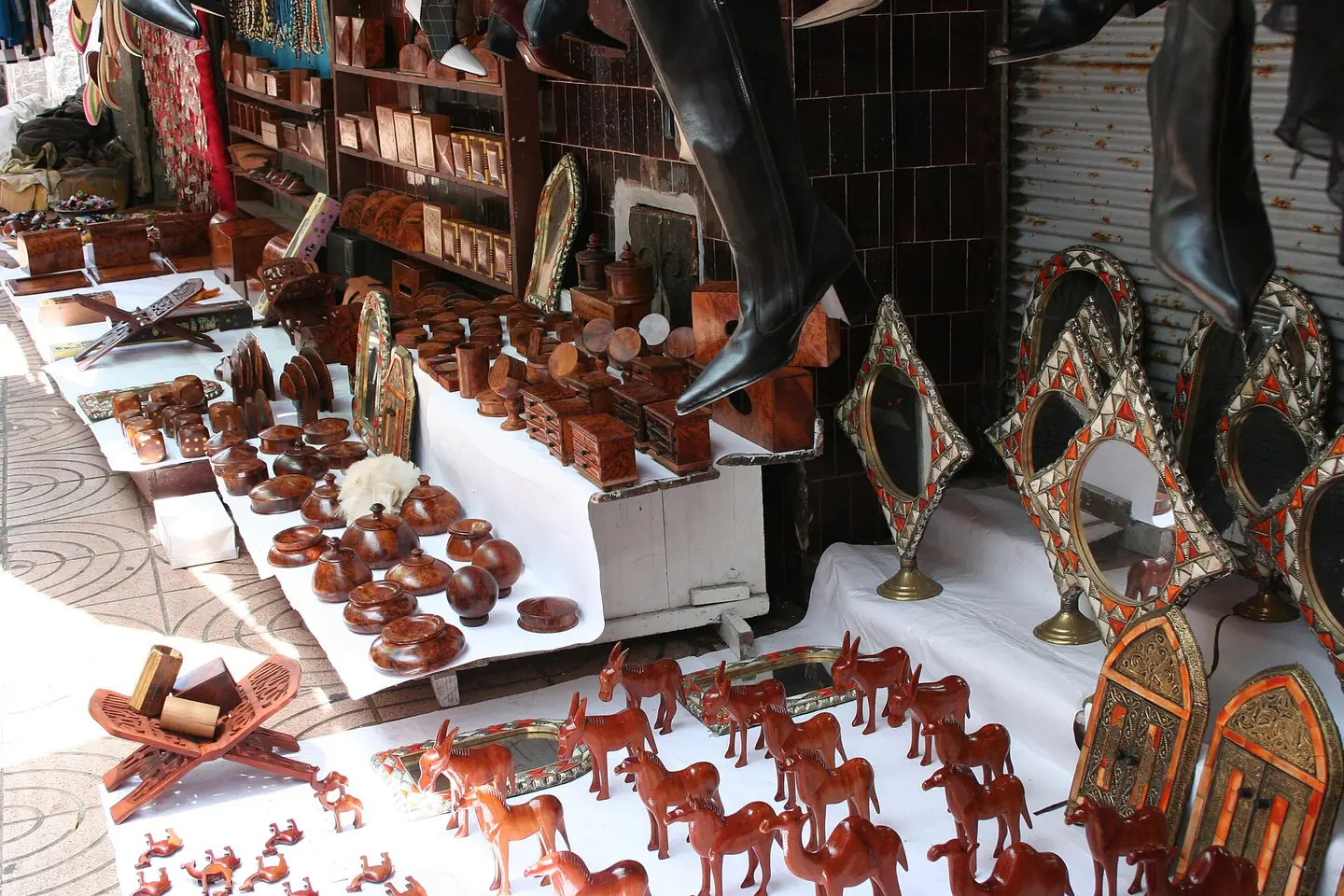 Leather goods on display at a shop in Casablanca’s Old Medina