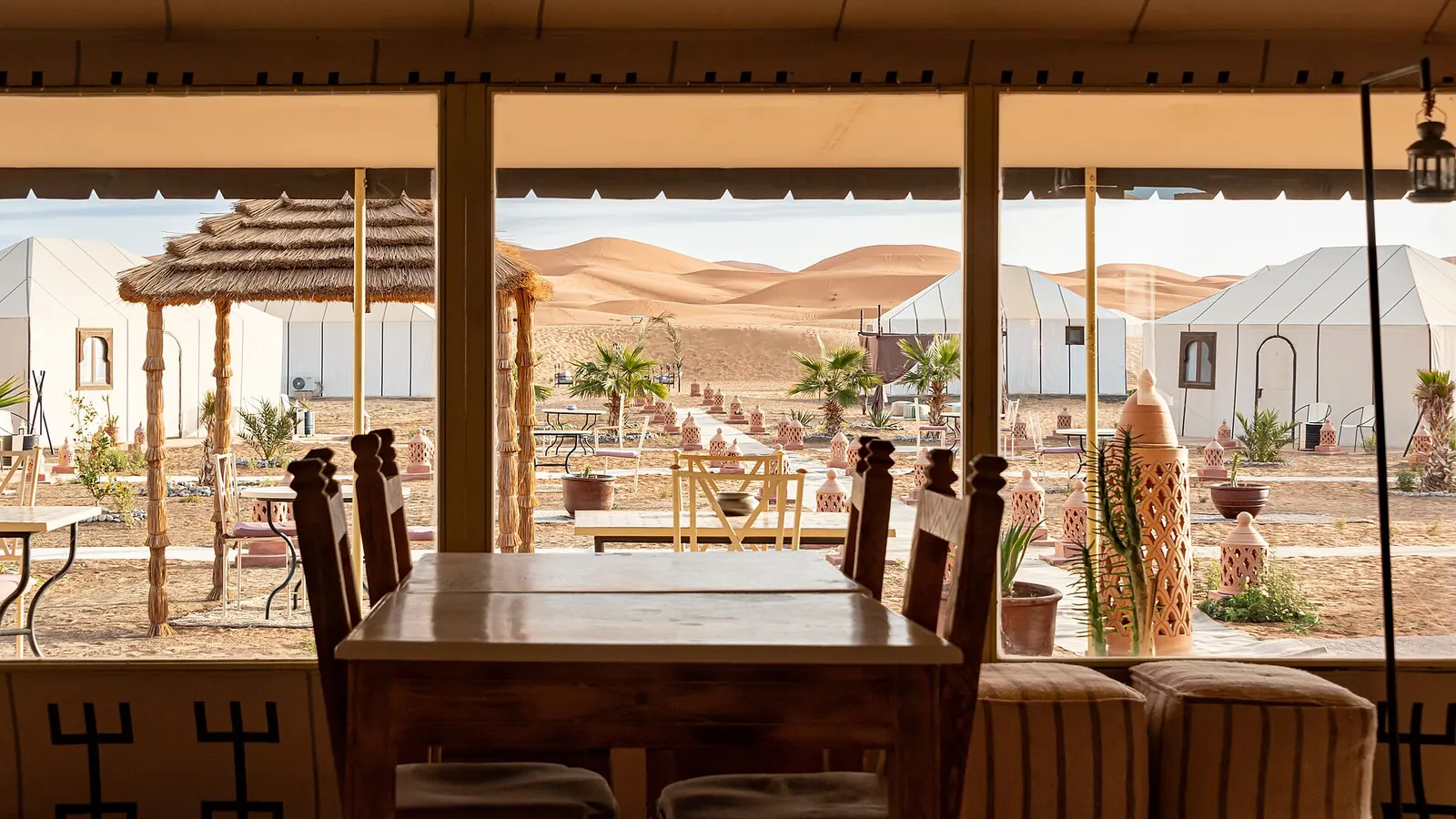 Dining area of a luxury desert camp in Morocco