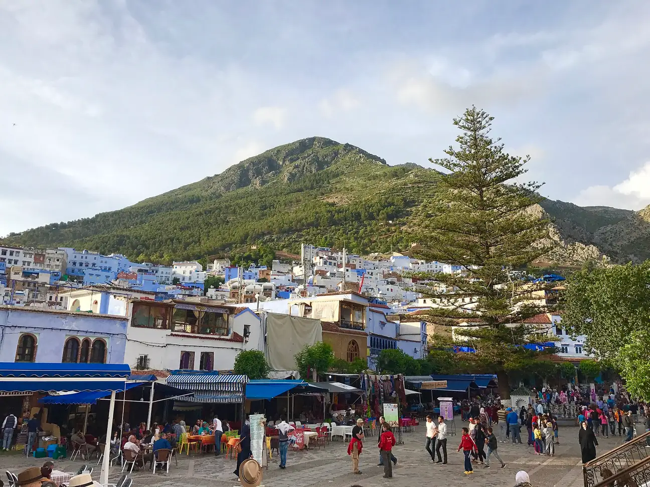 Chefchaouen market area with the Rif Mountains behind