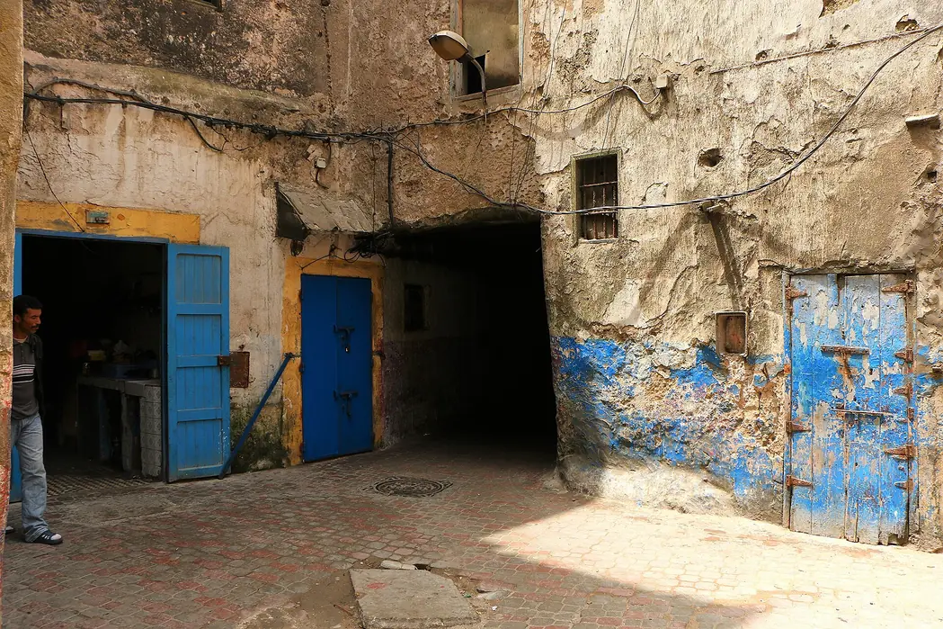 Blue doors along a whitewashed lane in the Essaouira Medina