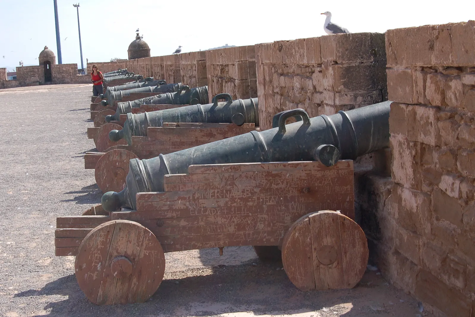 Old bronze cannons lined up on the Skala ramparts of Essaouira