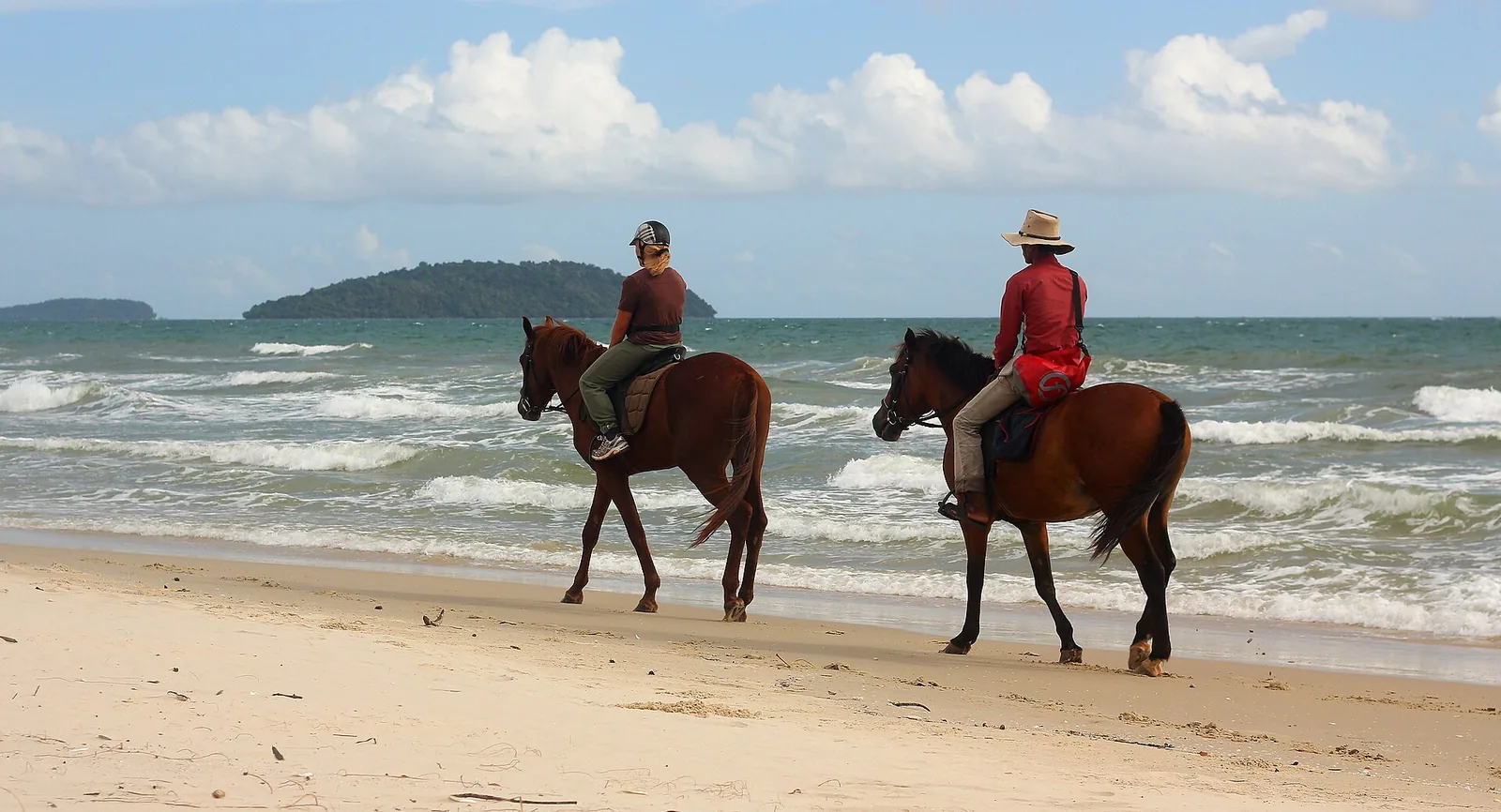 Two riders walking their horses on a sandy beach