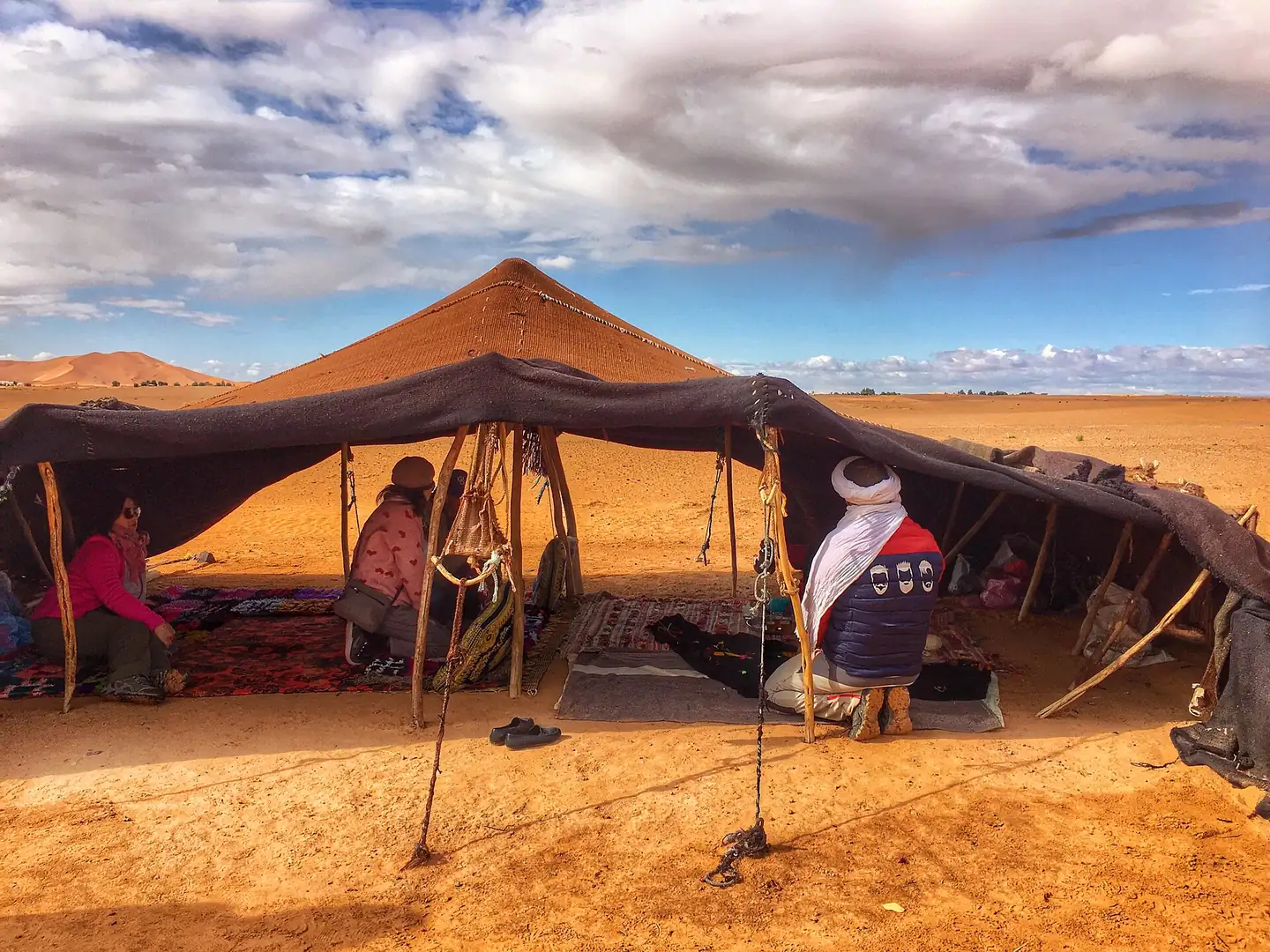 A traditional Berber tent camp at the foot of the Erg Chebbi dunes