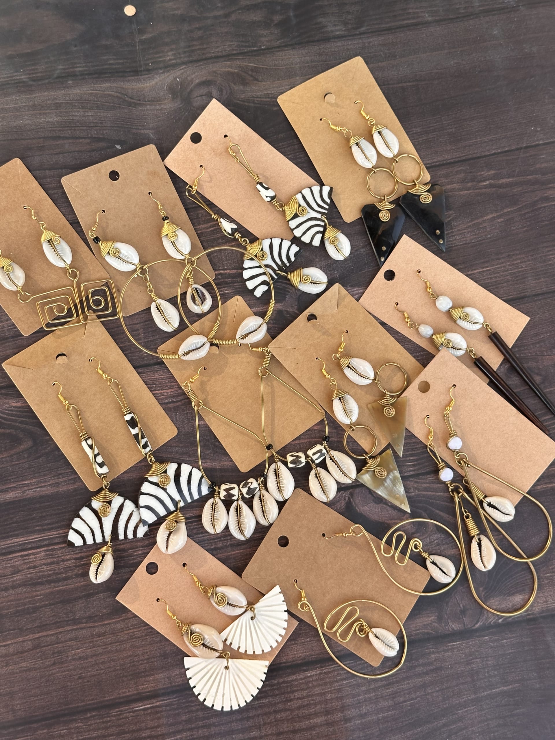 African Brass, Bone and Cowrie Earrings