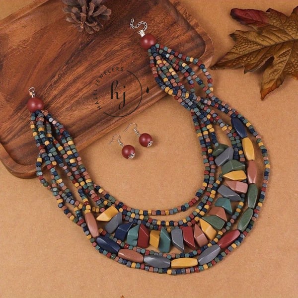 Multilayer wooden Necklace And Earring Set