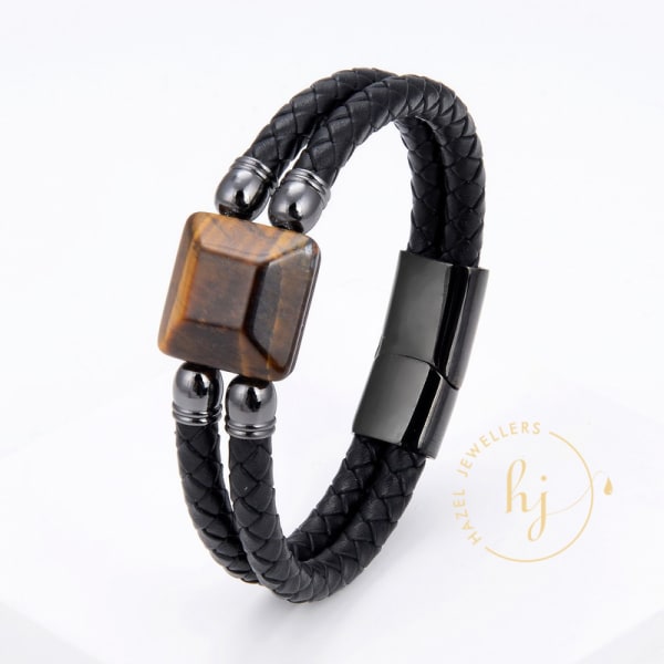Tiger Eye Braided leather and Stainless Steel Bracelet