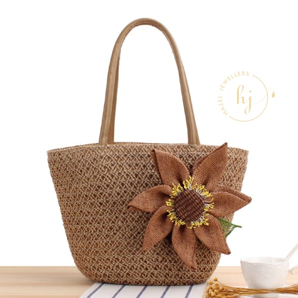 Large Capacity Woven Bag With Sunflower Detail