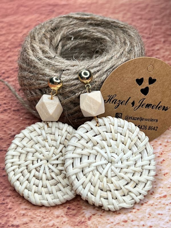 Round Rattan Earrings with wooden Bead