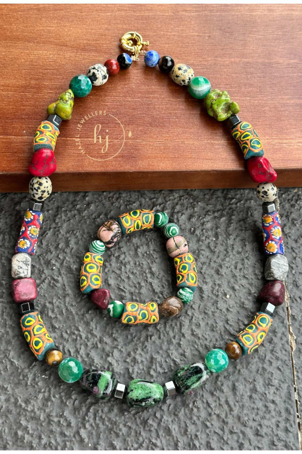MIxed Krobo bead with Natural stones Necklace with Bracelet