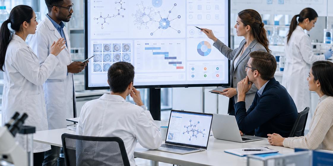 A cross-functional life sciences team reviewing molecular and project data on a shared screen