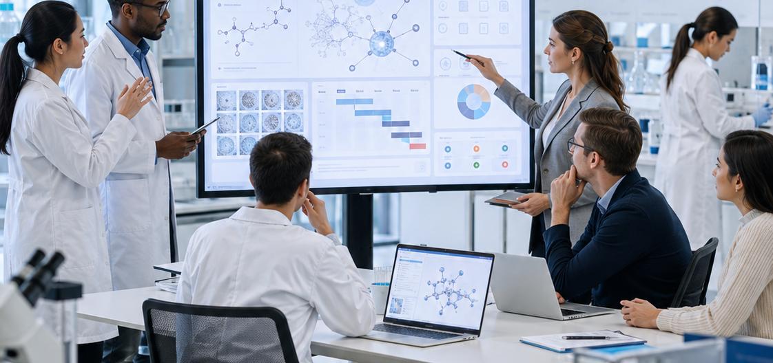 A team reviewing a workflow and governance diagram in a lab setting