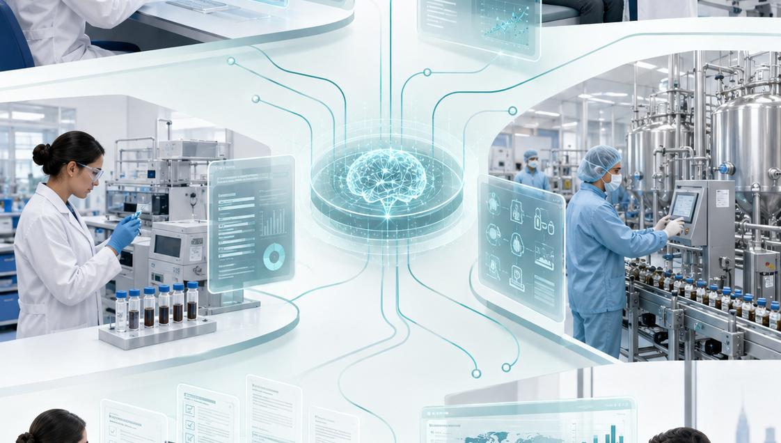 A single AI model connected to discovery, clinical, quality and commercial workflows across the medicine lifecycle