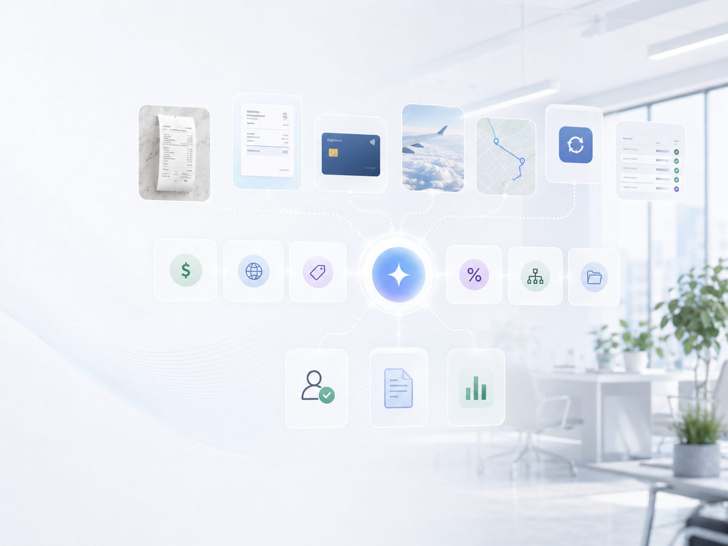 A single spend event connected to receipts, cards, policy, tax and reporting data