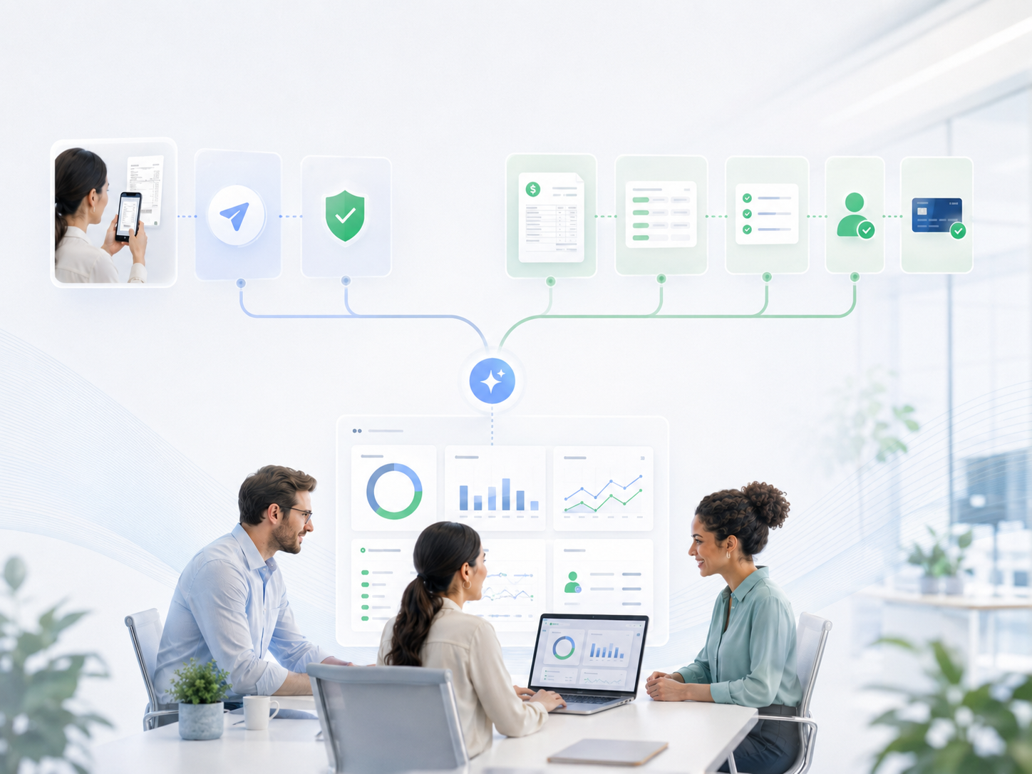 A finance team reviewing automated spend data on shared screens
