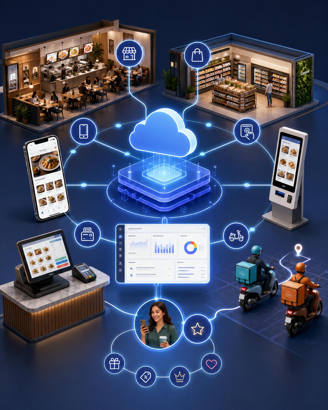 A restaurant's ordering, kitchen and dispatch systems connected into one live commerce network
