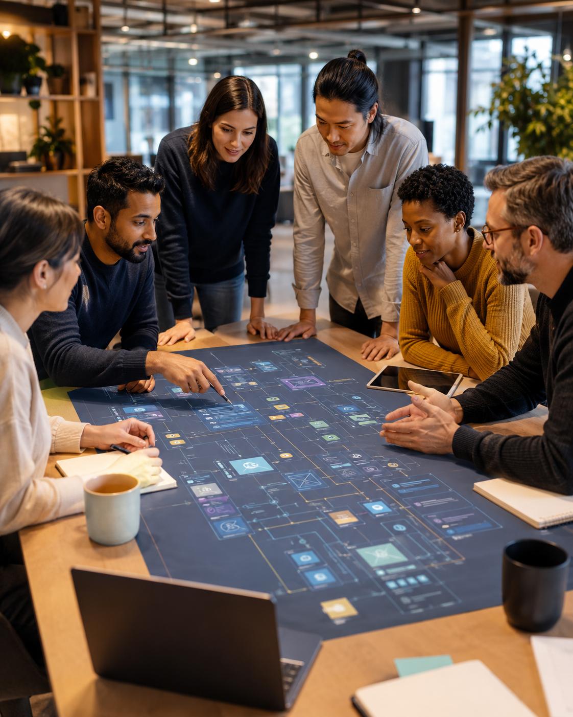 A team reviewing a platform architecture diagram together
