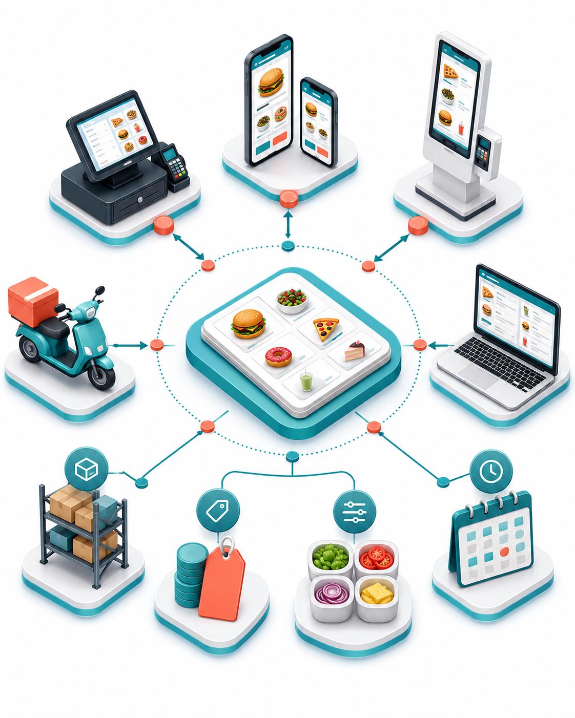 A single simplified order flowing out to POS, delivery, kiosk and web channels