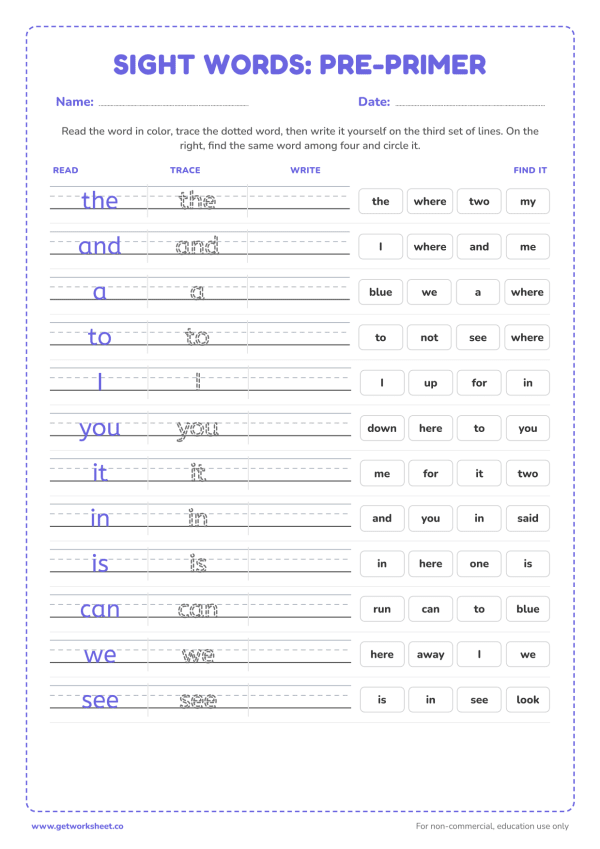 Free sight words worksheets (Dolch and Fry) – free printable worksheets preview