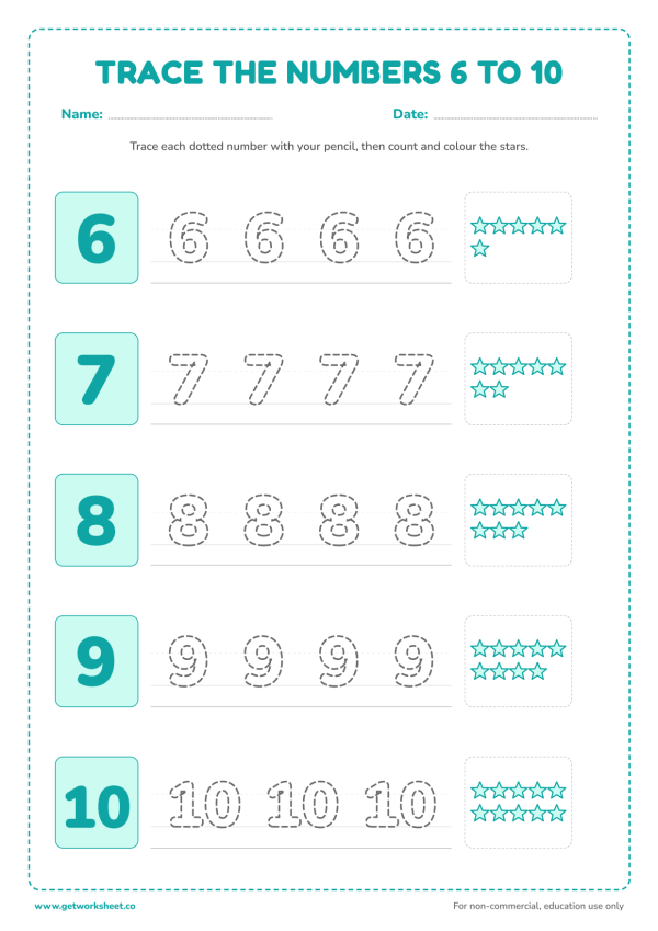 Number tracing worksheet 6 to 10