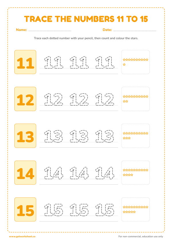 Number tracing worksheet 11 to 15