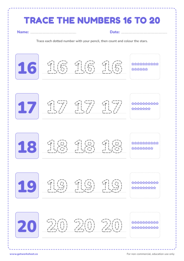 Number tracing worksheet 16 to 20
