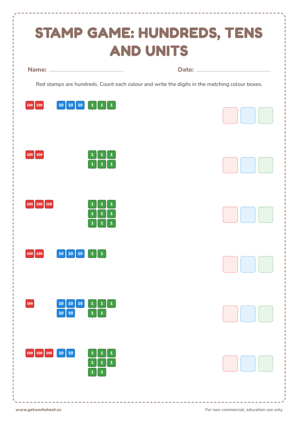 Stamp game: hundreds, tens and units