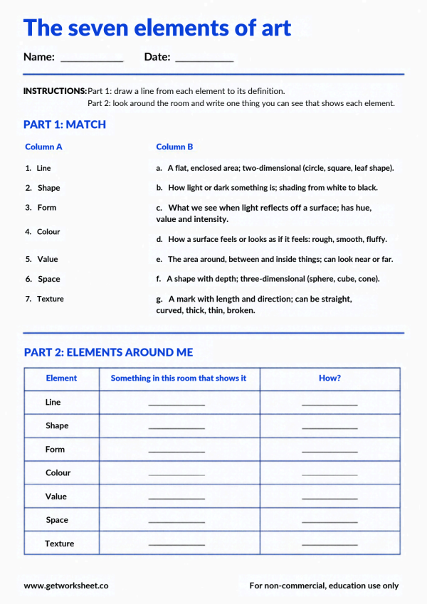 Free elements of art worksheets – free printable worksheets preview