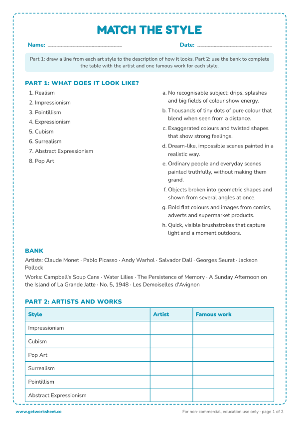 Free art styles worksheets – free printable worksheets preview