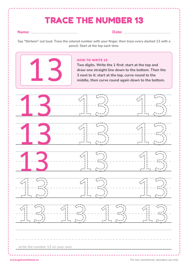 Free number 13 tracing worksheets – free printable worksheets preview