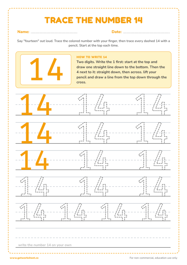 Free number 14 tracing worksheets – free printable worksheets preview