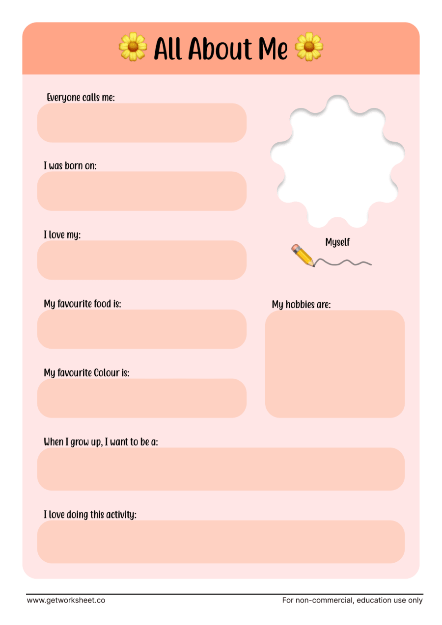All about me: nickname, what I love and my grow-up job All about me: nickname, what I love and my grow-up job – free printable PDF worksheet, page 1 preview (10 free all about me worksheets)