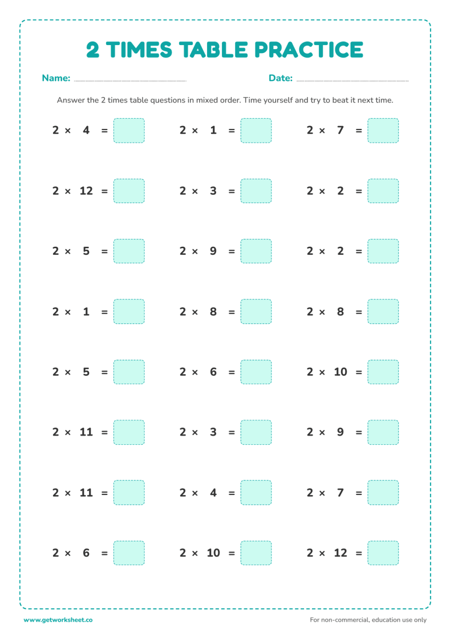 2 times table mixed practice – free printable PDF worksheet, page 1 preview (6 free 2 times table worksheets)