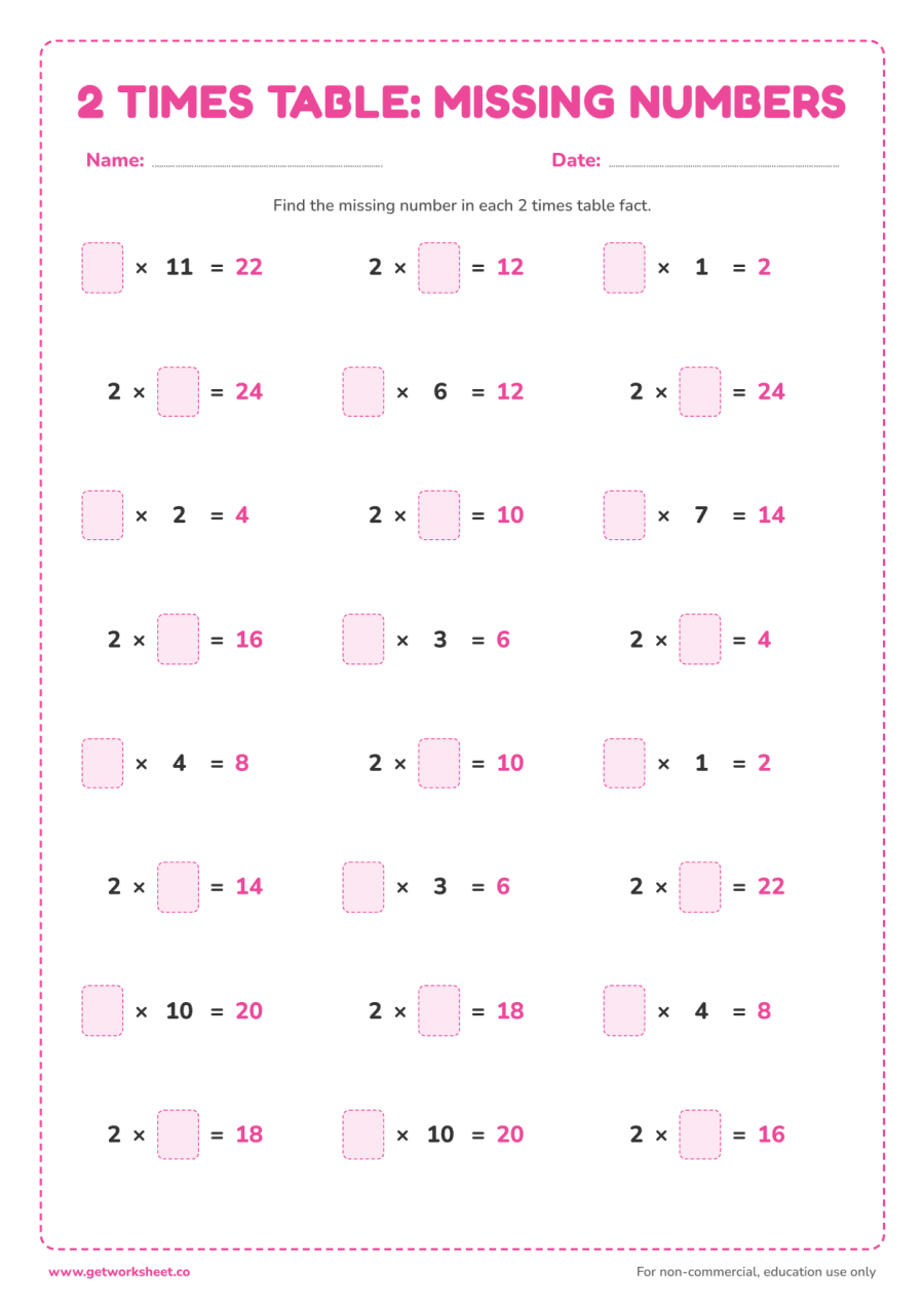 2 times table missing number worksheet – free printable PDF worksheet, page 1 preview (6 free 2 times table worksheets)