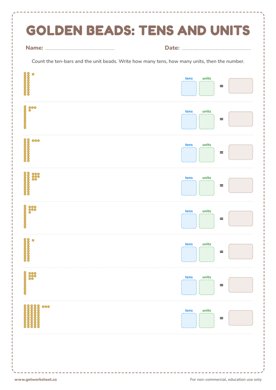 Golden beads: tens and units – free printable PDF worksheet, page 1 preview (3 free Montessori place value worksheets (golden beads))