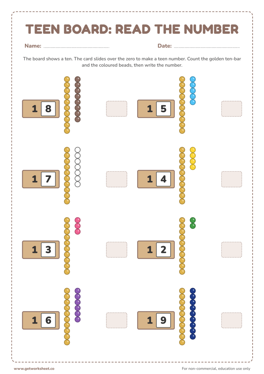 Teen board: read the number Teen board: read the number – free printable PDF worksheet, page 1 preview (3 free Montessori teen board and ten board worksheets)