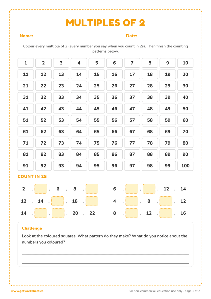 Multiples of 2: colour the grid 1 to 100 and count in 2s – free printable PDF worksheet, page 1 preview (6 free 2 times table worksheets)