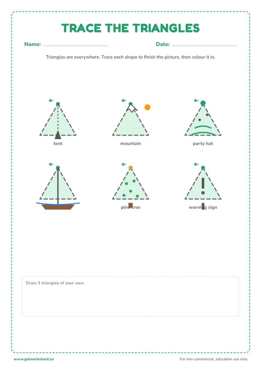 Triangles all around us: trace and colour – free printable PDF worksheet, page 1 preview (8 free triangle tracing worksheets)