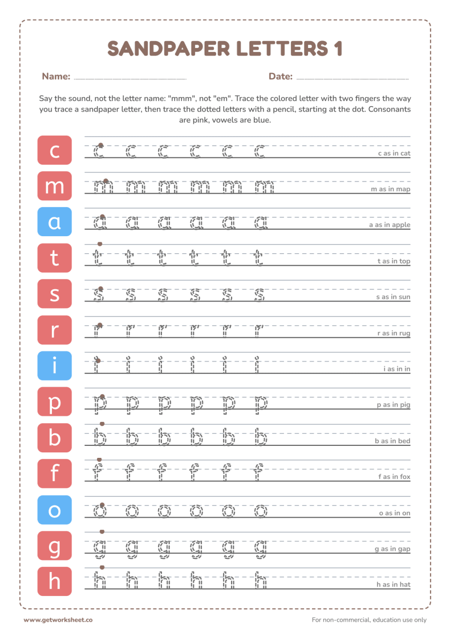 Sandpaper letters 1: c m a t, s r i p, b f o g, h – free printable PDF worksheet, page 1 preview (7 free Montessori language worksheets)