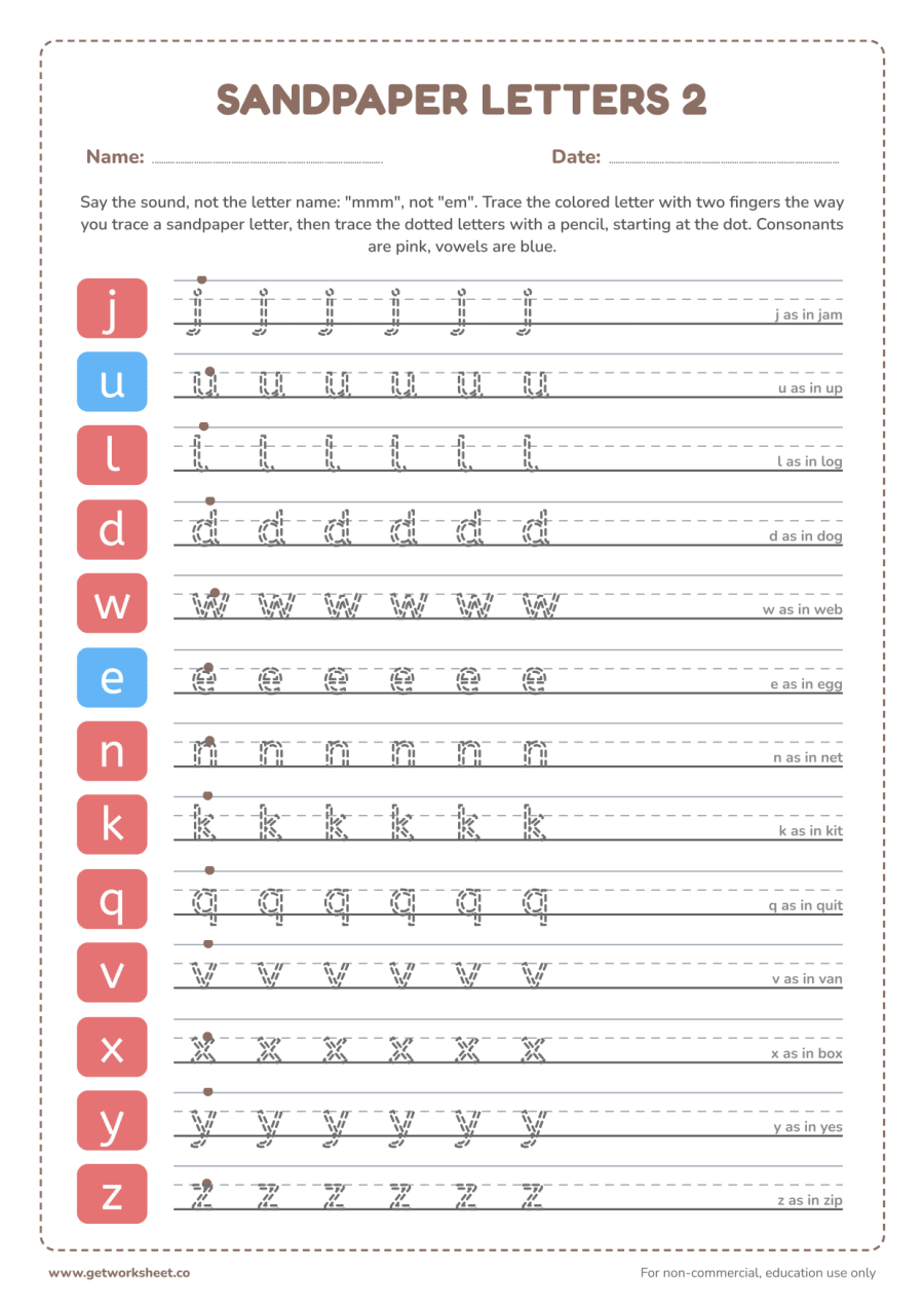 Sandpaper letters 2: j u l, d w e n, k q v x y z – free printable PDF worksheet, page 1 preview (7 free Montessori language worksheets)