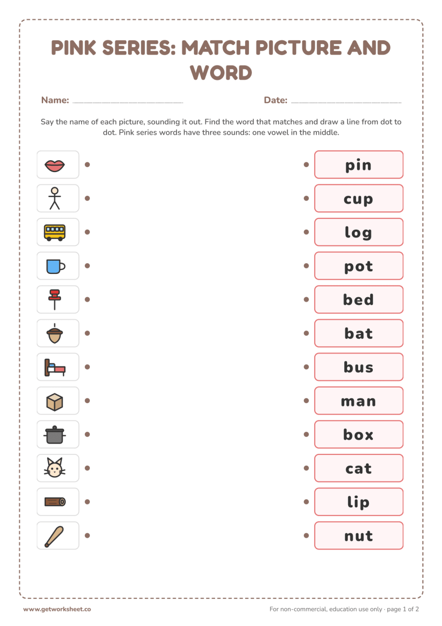 Pink series: match 12 pictures to words – free printable PDF worksheet, page 1 preview (7 free Montessori language worksheets)