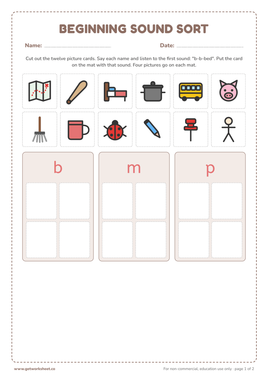 Beginning sound sort mats: b, m, p – free printable PDF worksheet, page 1 preview (7 free Montessori language worksheets)