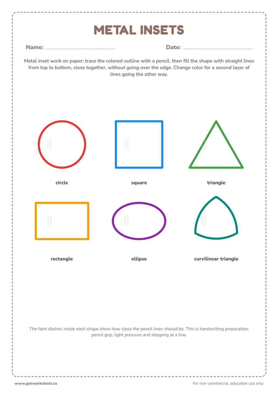 Metal insets: six shapes to trace and fill – free printable PDF worksheet, page 1 preview (7 free Montessori language worksheets)